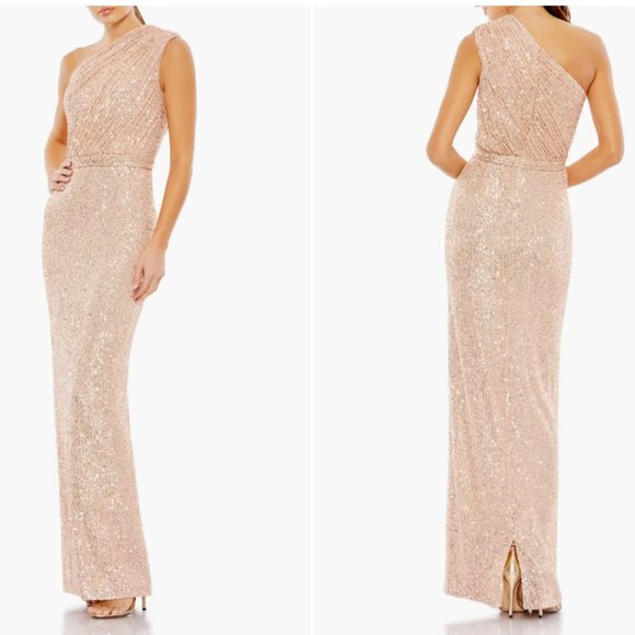 MAC DUGGAL 26694 SEQUIN RUCHED ONE SHOULDER ROSE PINK GOWN sz 4